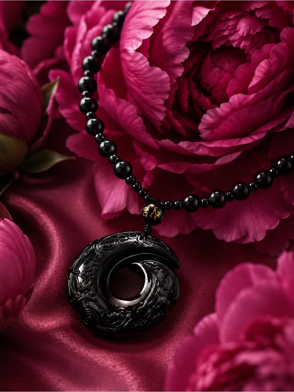 Black Carved Donut Pendant Necklace - Women Jewelry